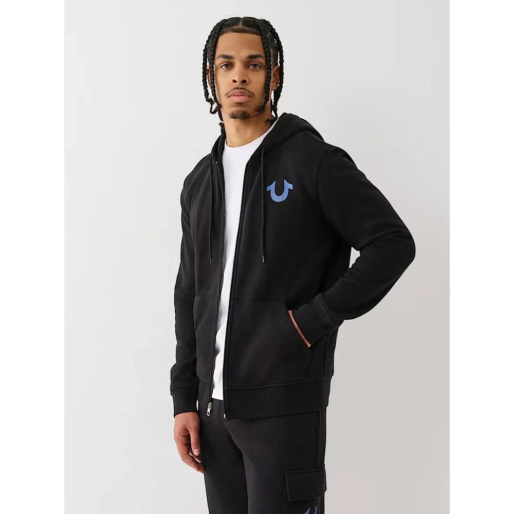 True Religion‎ Studded Retro Logo Zip Black Hoodie Size Large Exclusive